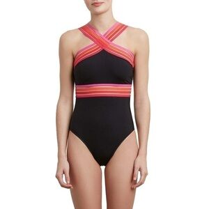 New Kenneth Cole High Neck Cross Front Banded One Piece Swimsuit S